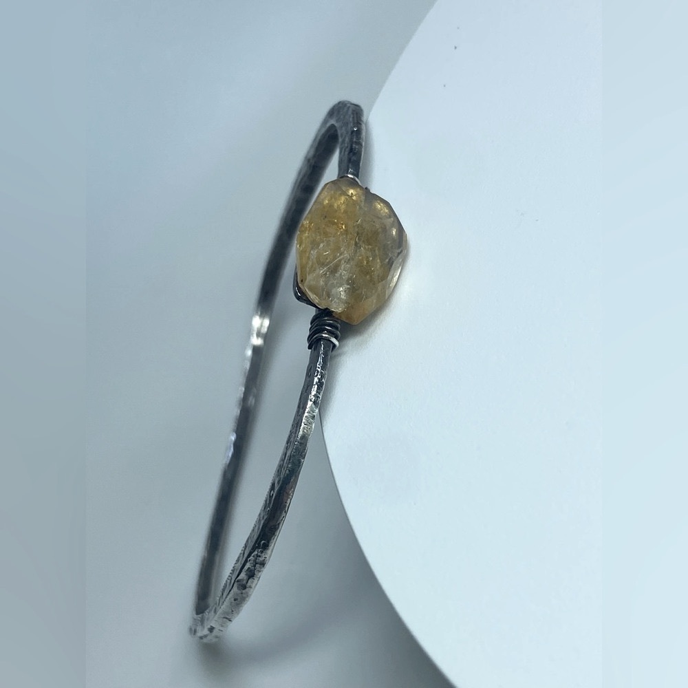 Vintage Oxidized Hammered Sterling & Wrapped Raw Citrine RACHEL ABROMS Bangle